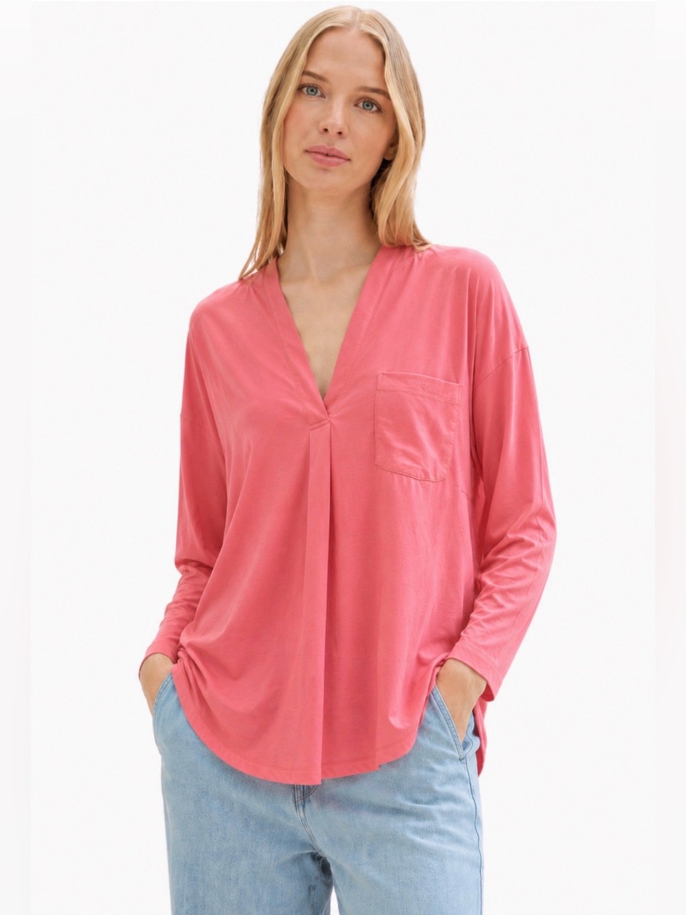 Coral Pink V Neck Long Sleeve Blouse Modal Relaxed Fit Casual Top Sz M NWT